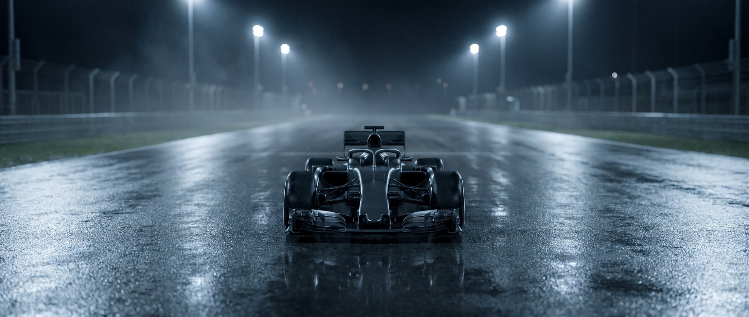 An unliveried formula car held under floodlights on an empty night circuit